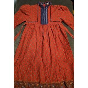 Vintage Youngland Girls Size 10 Floral Cotton Dress Red Long Prairie Zip Tie USA